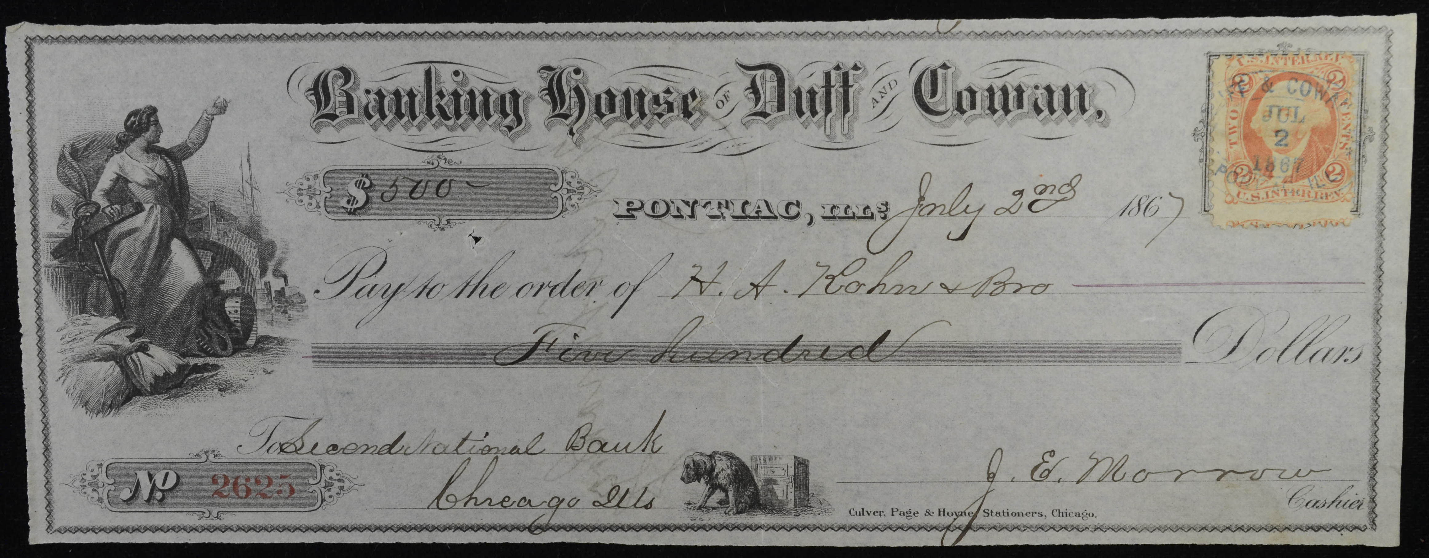 Obsolete Bank Check 1867 Duff & Cowan Pontiac Illinois IL 500 Check to Chicago. eBay