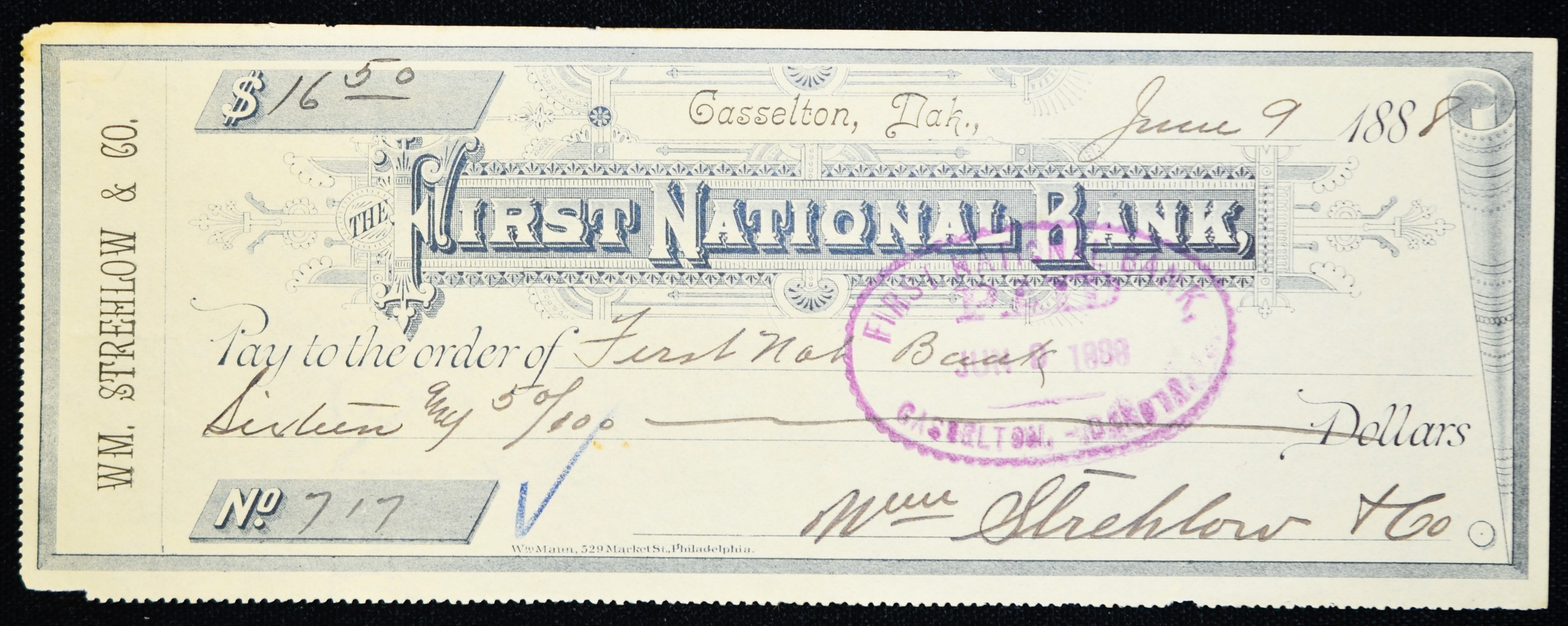 Obsolete Bank Check 1888 First National Bank Casselton Dakota Territory. eBay