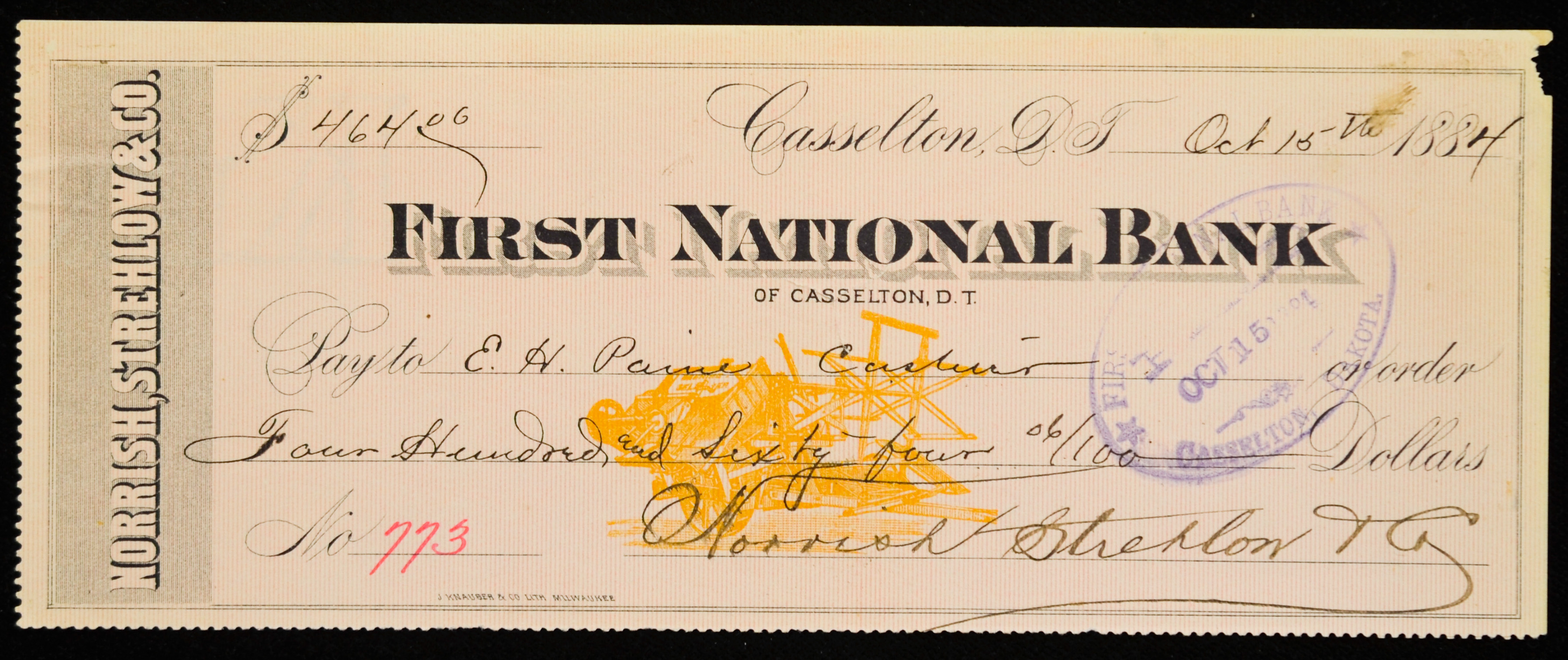 Obsolete Bank Check First National Bank Casselton Dakota Territory 1884 464. eBay