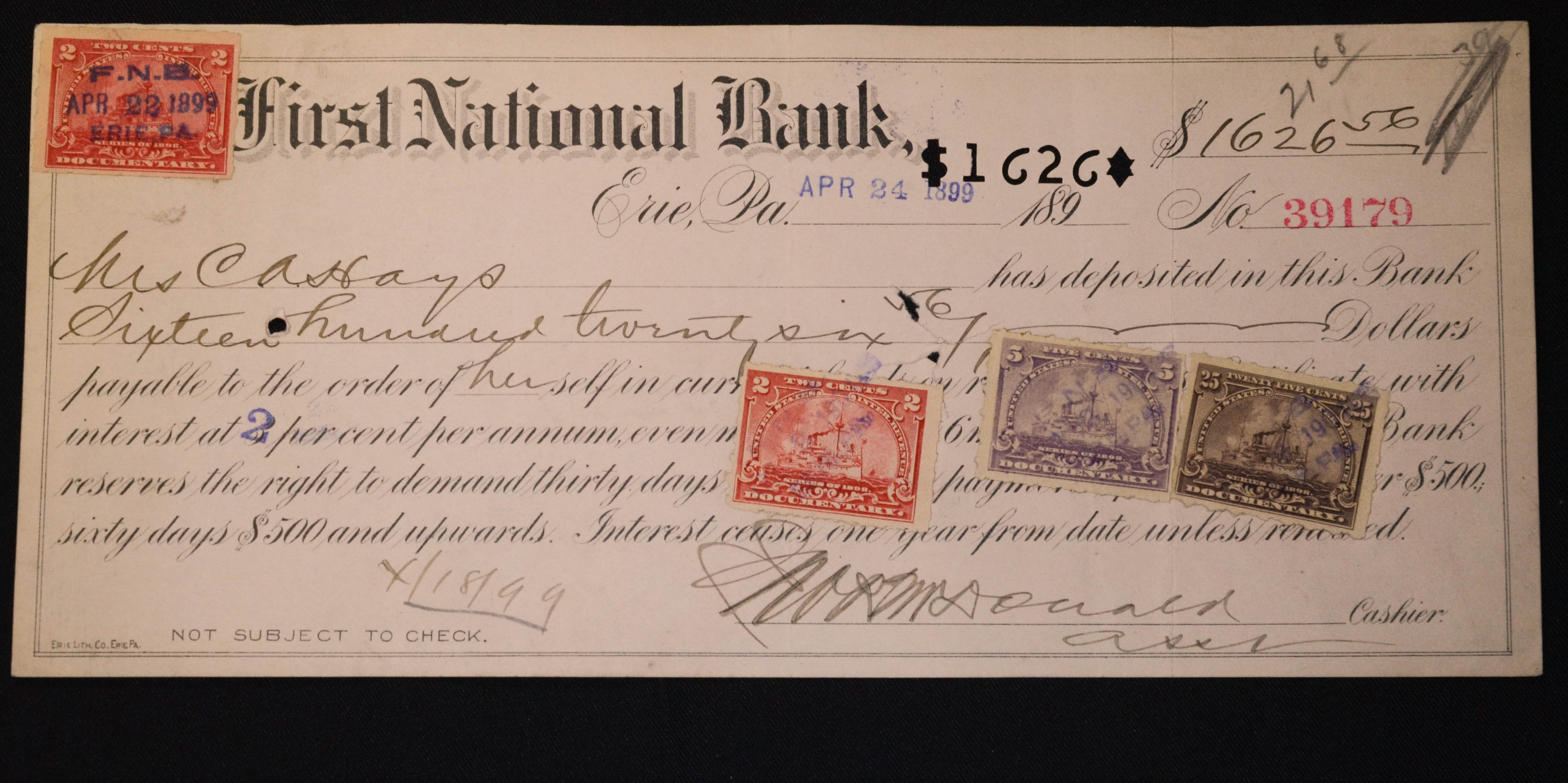 Obsolete Bank Check First National Bank Erie Pennsylvania PA 1899 W/ Stamps. eBay